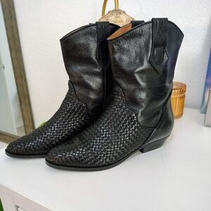PREMIER LTD COLLECTION Made In Brazil Black Woven Leather Western Ankle Boots